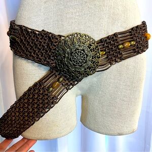 Braided Wide Leather Belt, Wood & Metal Beads Boho Hippie Cottage Core EXCELLENT